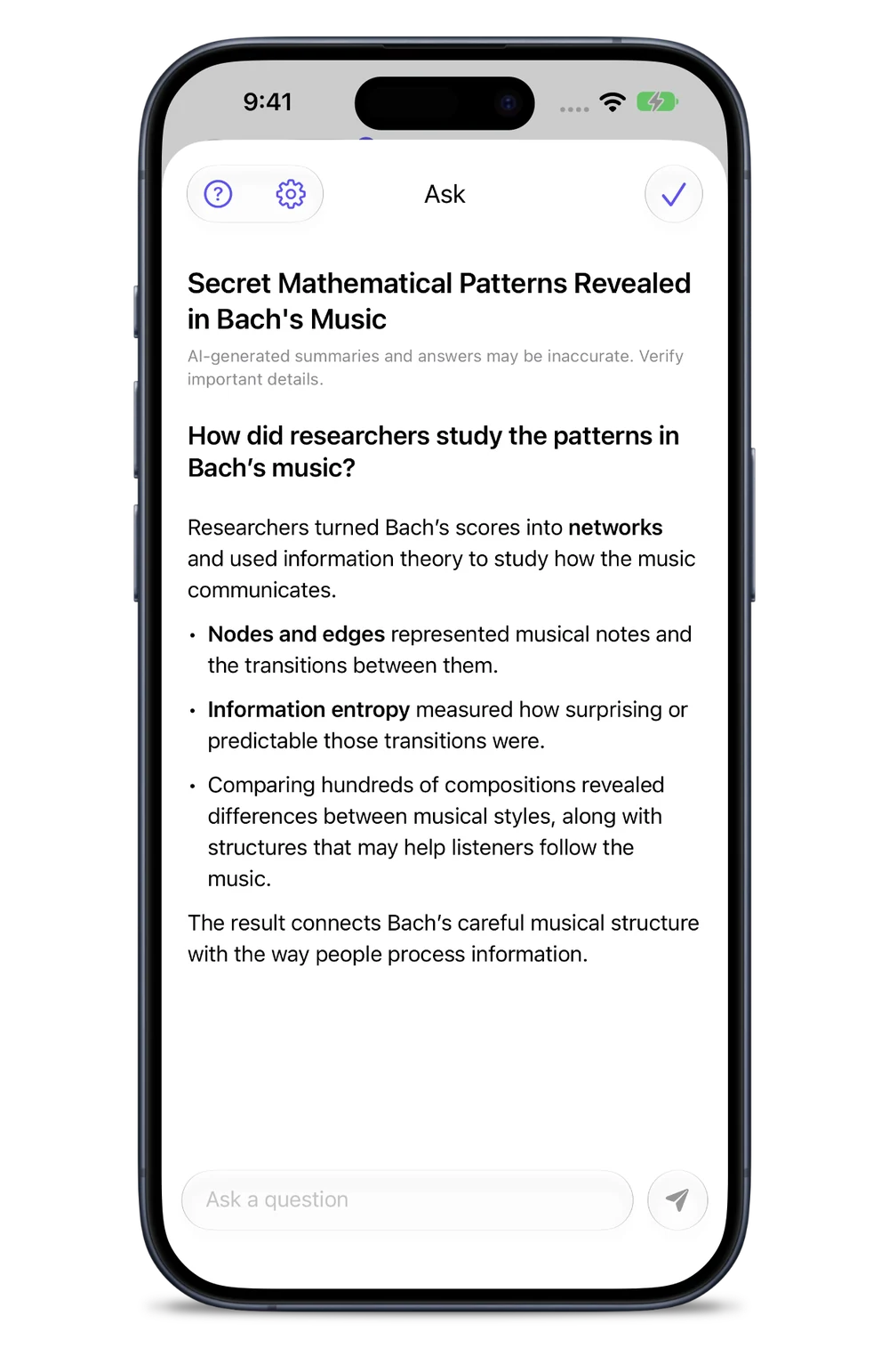 Stache’s Ask screen on iPhone, showing a question about patterns in Bach’s music and an answer explaining how researchers studied them.
