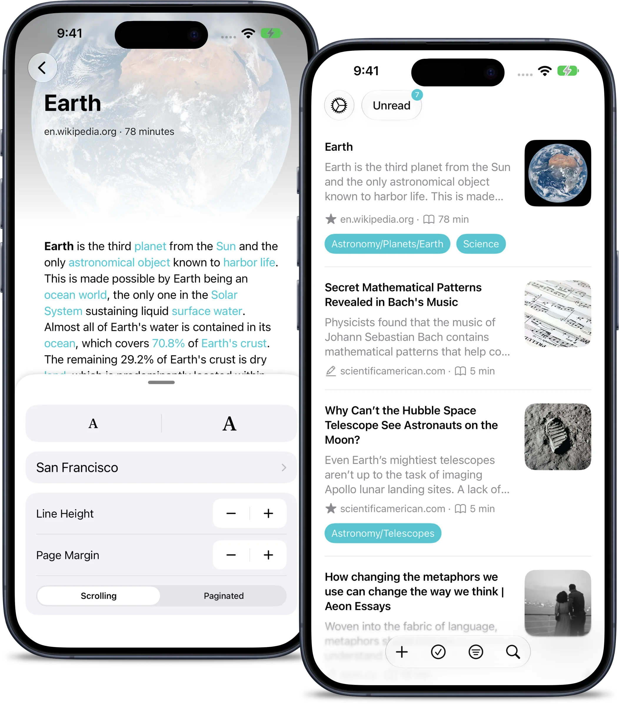 The viewer styles editor pane on an iPhone, with options to customize your font, font size, line spacing, and page margin.