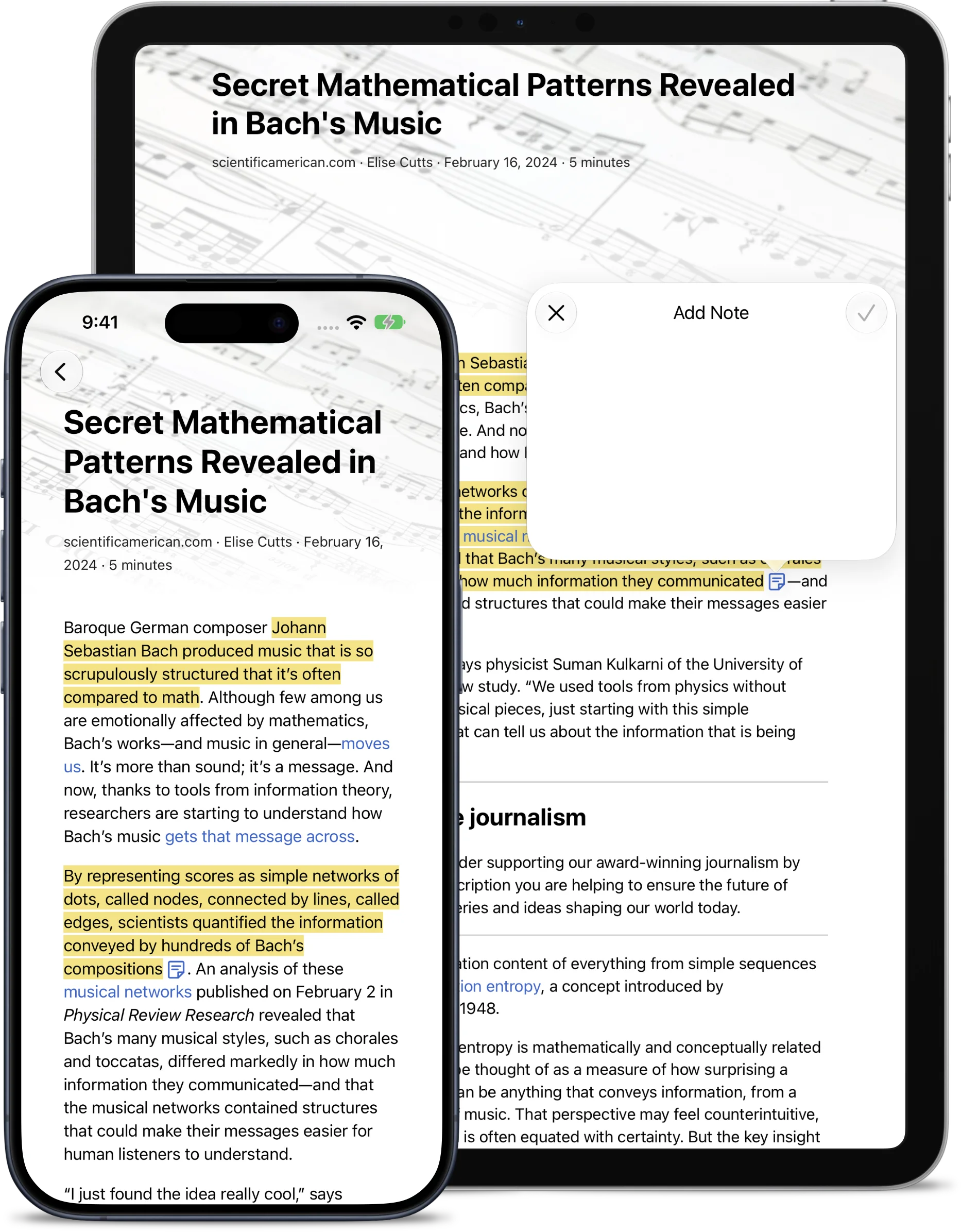 Reader view on an iPhone and iPad with several synchronized highlights and a note being composed on the iPad.