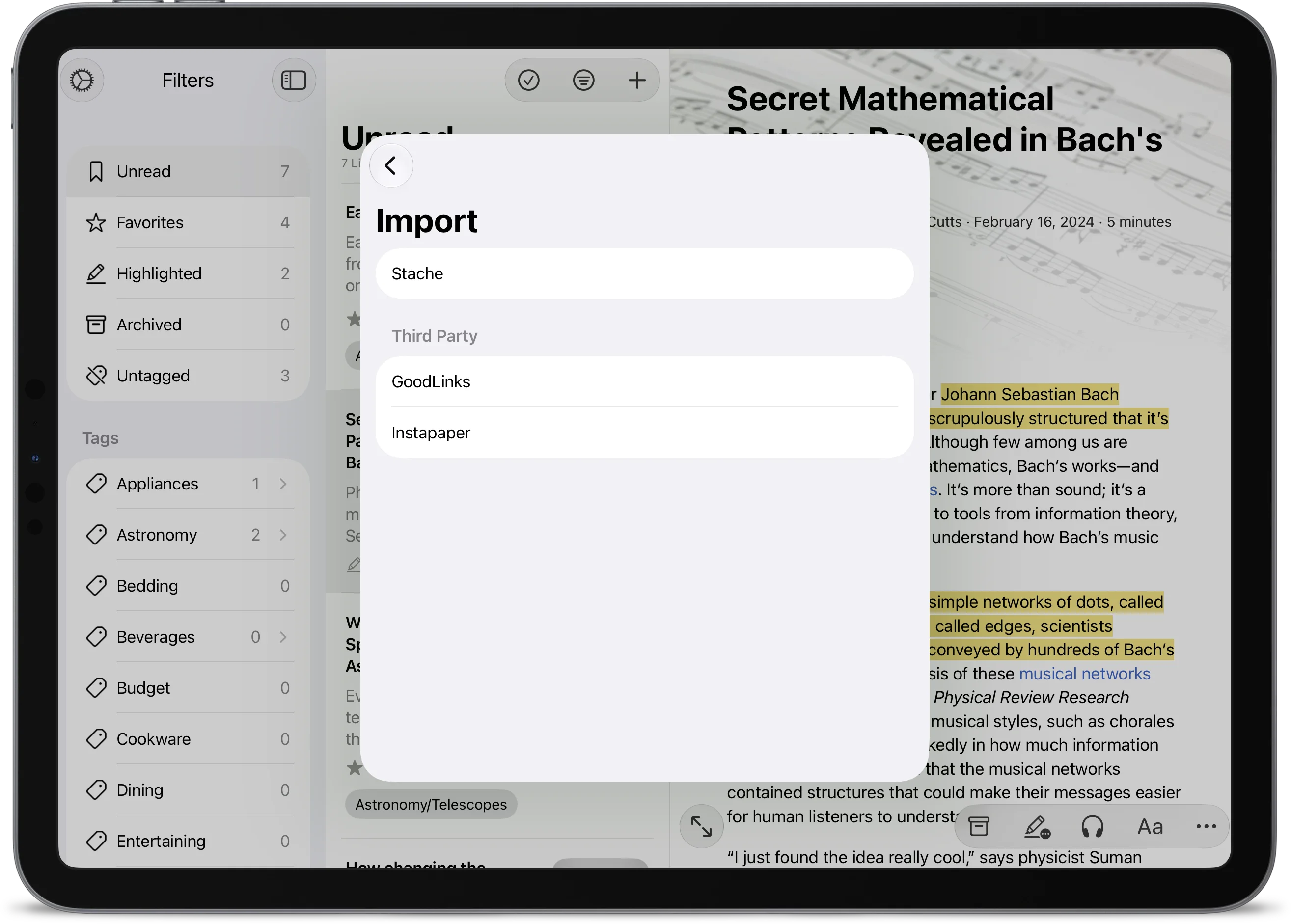 Screenshot of the import screen on iPad with options to import from Stache, Goodlinks, and Instapaper.