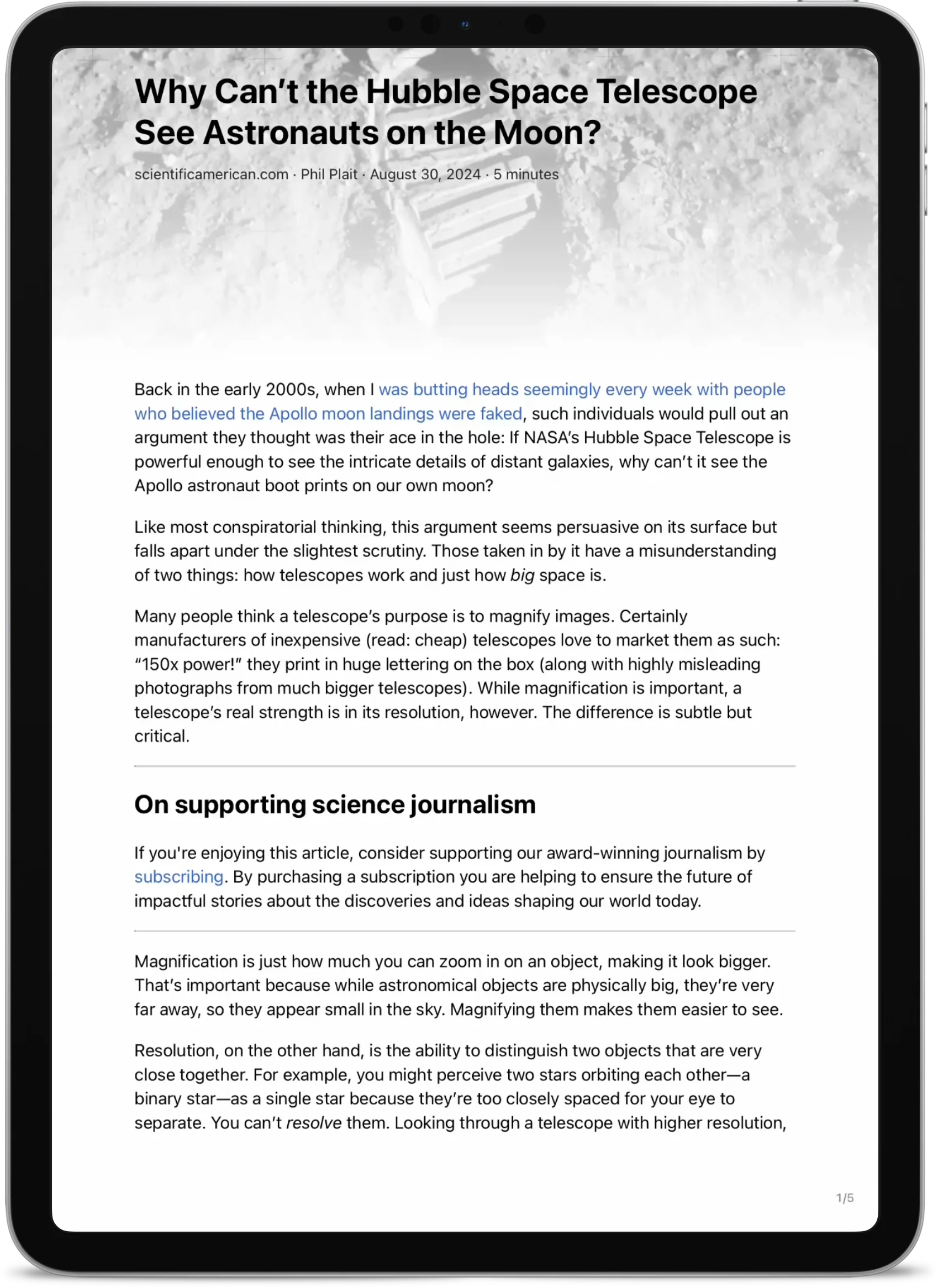 An article open in Stache’s paginated reading mode on an iPhone and iPad, showing a page-turn in progress and a circular reading-progress indicator.