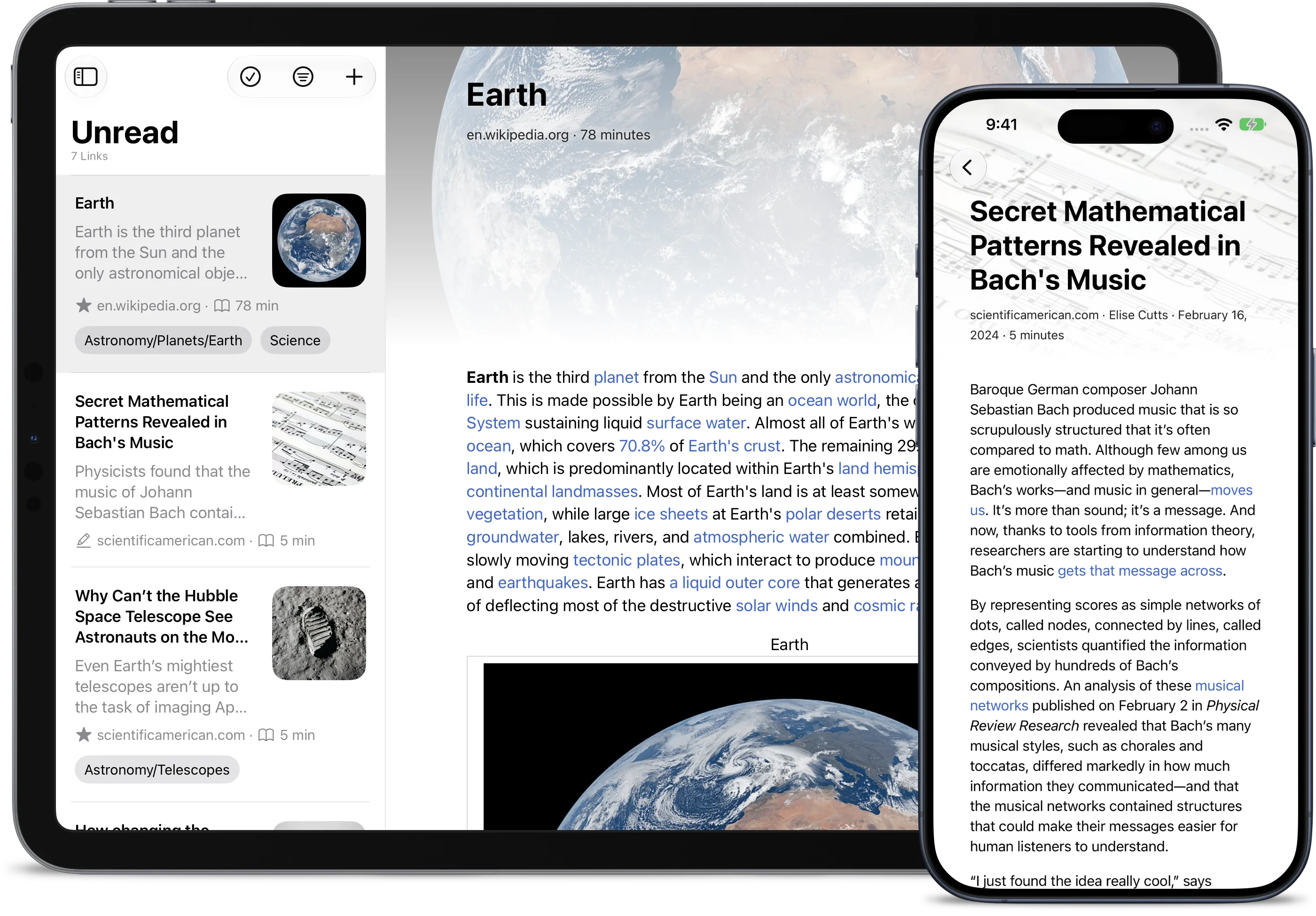 Stache links list with an article open on an iPad, and an article open on an iPhone.